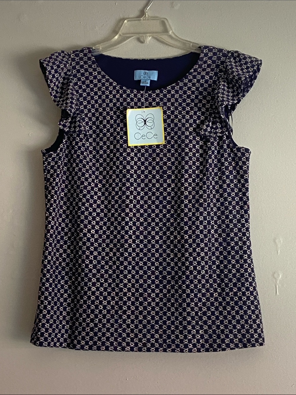 CeCe Ruffle Sleeve Dark Blue and Patterned White Top Size M